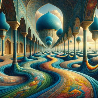 The primary subject of the image is a colorful, swirling, and intricate design that resembles a river or a flowing waterfall. The setting is a blue and gold palace with tall, blue pillars and arches. The visual style is a digital art or illustration, creating a vibrant and lively atmosphere. The colors and mood are predominantly blue and gold, with a sense of elegance and sophistication.